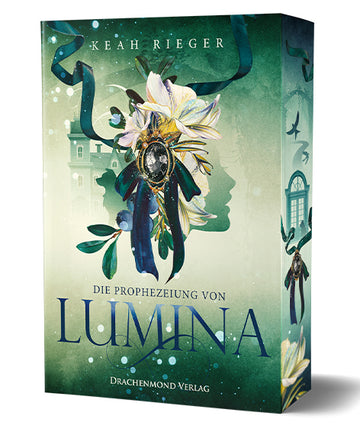 Das grünliche Cover zeigt im Vordergrund mittig ein kleines weiß-grün-blaues Blumengebinde mit einer großen gold-schwarzen Brosche. Dahinter erkennt man rechts die Silhouette eines Frauengesichts im Profil und links ein Herrenhaus. Der Titel des Buches befindet sich im unteren Bereich des Covers.